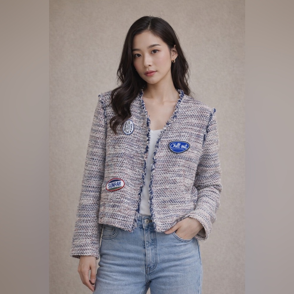 Sandro Paris Women’s Tweed Patch Jacket - Pink Blue Mix
